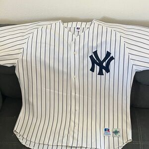 Mens White and Blue Striped Baseball Jersey